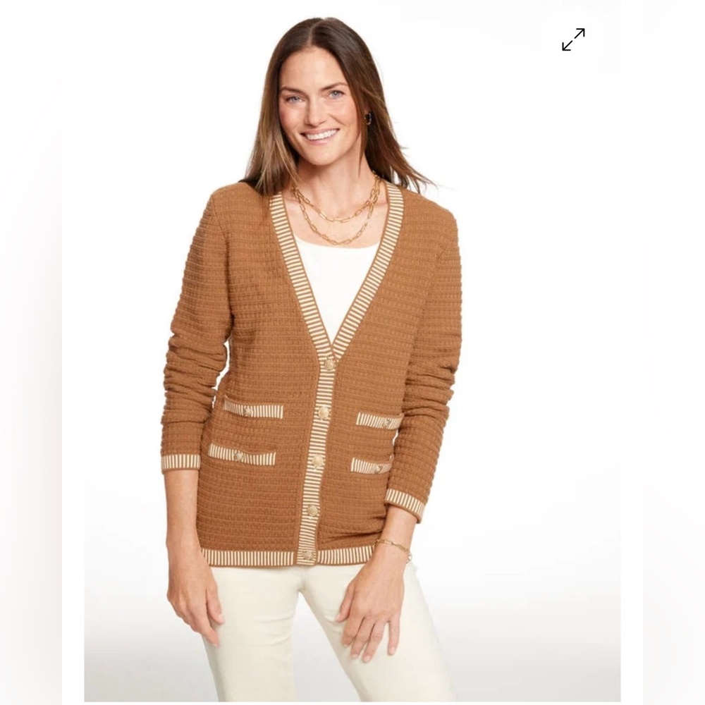 Talbots Plaited Trim V-Neck Cardigan in Sierra Brown/Ivory Size XL. NWT